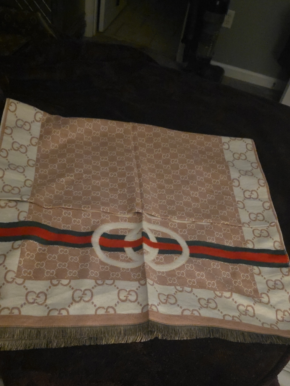 Luxury Patterned Wrap Shawl/ Scarf Beige with Red & Green Stripe
